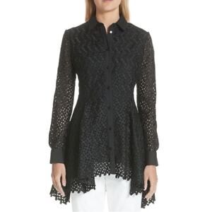 LELA ROSE black cotton lace longline peplum button front asymmetrical blouse top